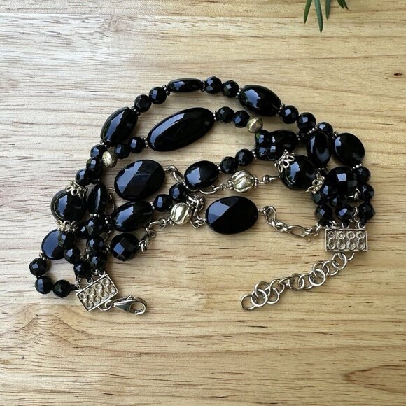 VTG LUG Bracelet Size 8.5‎ Adjust Black Onyx Beaded 925 Sterling Five Strands - Picture 1 of 9